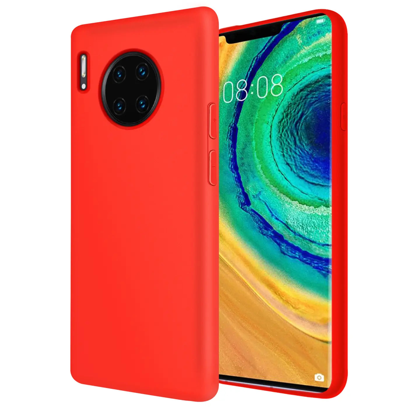 Rote Silikonhülle mit Mikrofaser-Innenfutter für Huawei Mate 30 Pro, Seitenansicht.