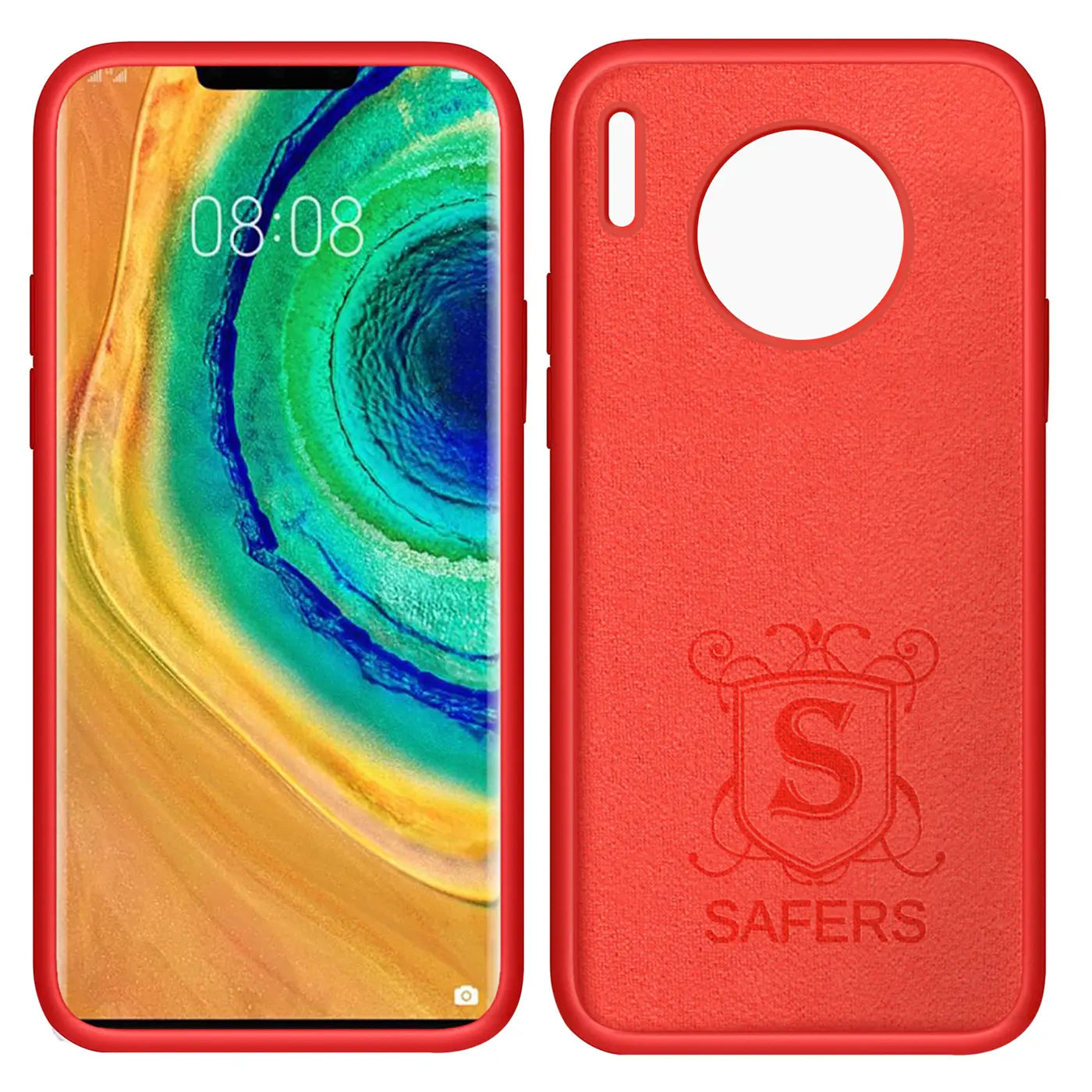 Rote Silikonhülle für Huawei Mate 30 Pro, Vorder- und Rückansicht, Mikrofaser-Innenfutter.