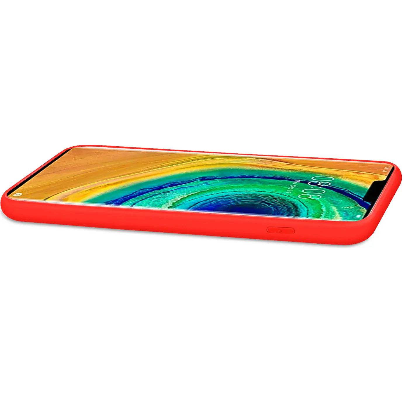 Rote Silikonhülle für Huawei Mate 30 Pro, von der Seite fotografiert.