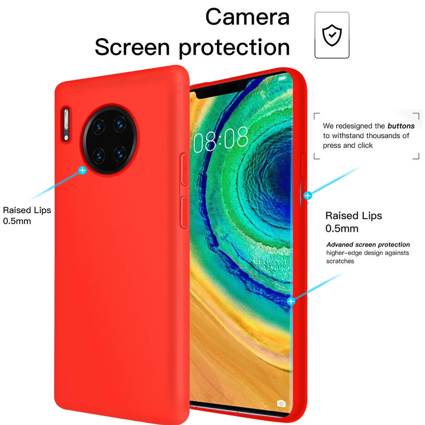 Rote Silikonhülle mit Mikrofaser-Innenfutter für Huawei Mate 30 Pro, Seitenansicht.