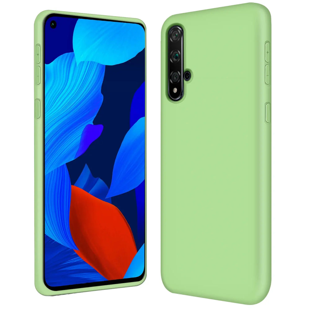 Grüne Silikonhülle für Huawei Nova 5T, Vorder- und Rückansicht, Mikrofaser-Innenfutter.