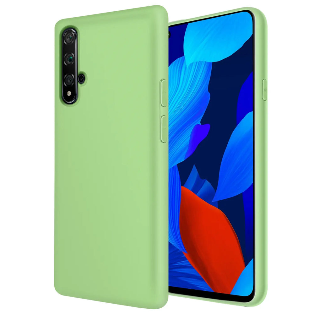 Hellgrüne Silikonhülle mit Mikrofaser-Innenfutter für Huawei Nova 5T, Seitenansicht.