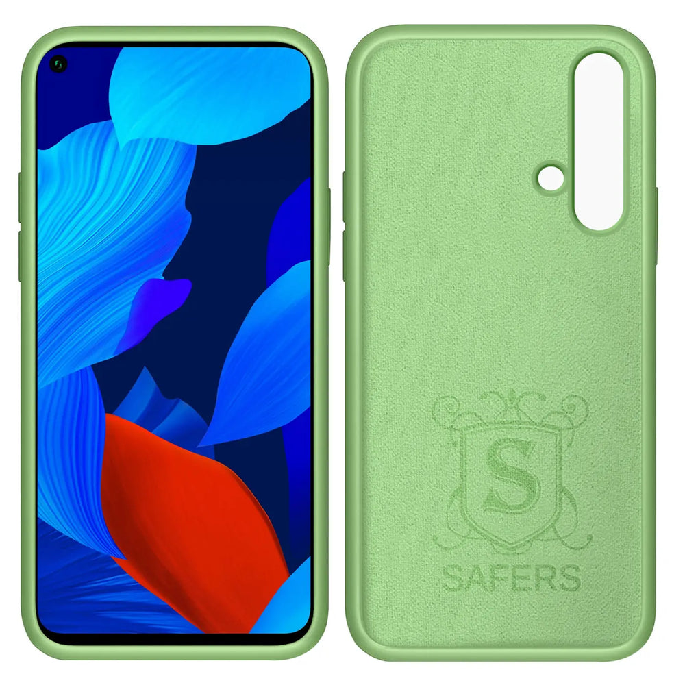 Grüne Silikonhülle mit Mikrofaser-Innenfutter, Vorder- und Rückansicht, Huawei Nova 5T.