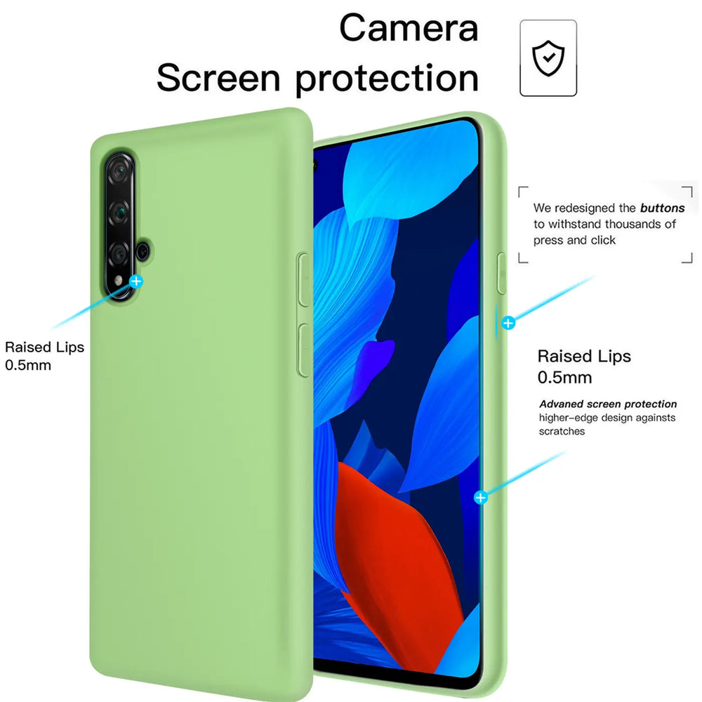 Hellgrüne Silikonhülle mit Mikrofaser-Innenfutter für Huawei Nova 5T, Seitenansicht.
