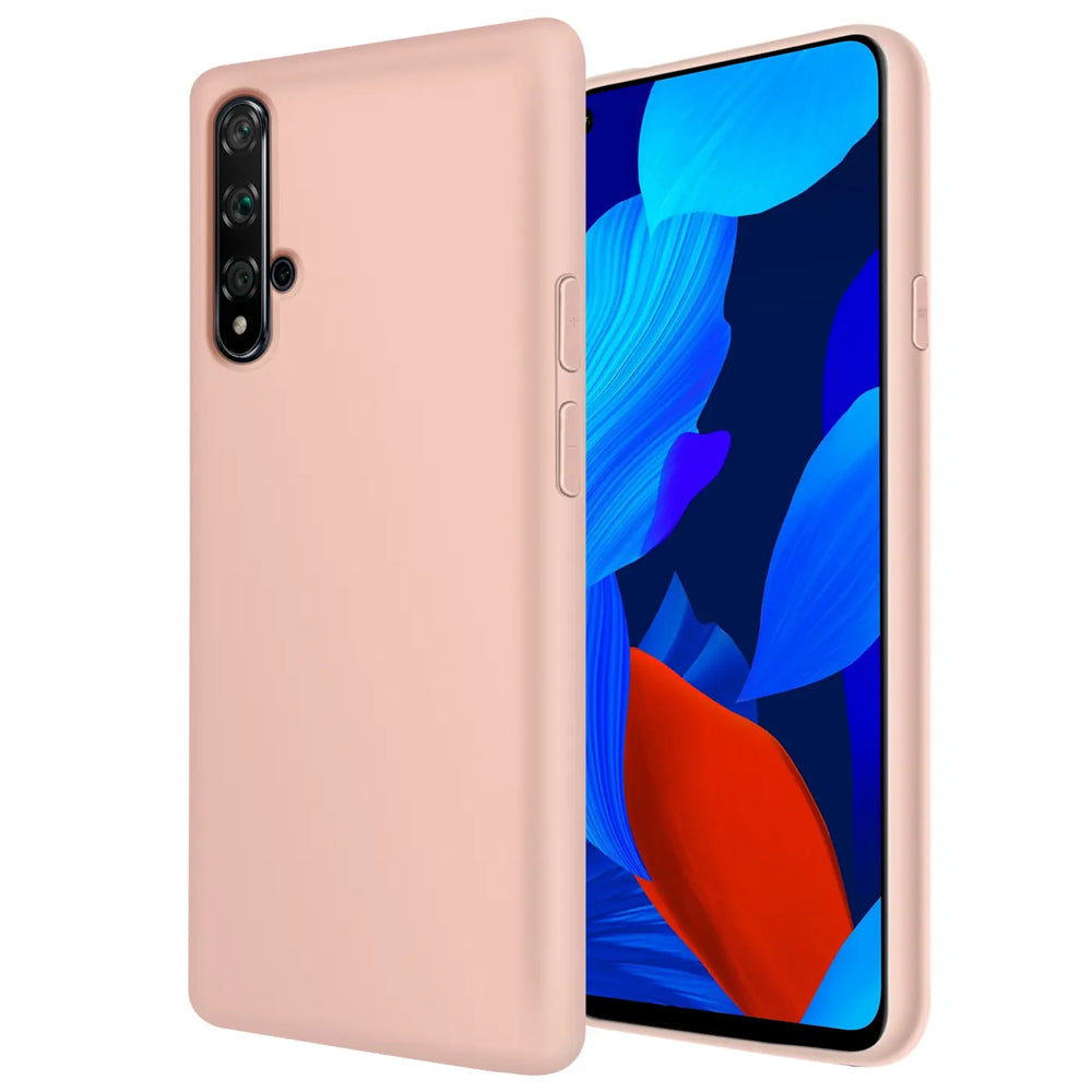 Rosa Silikonhülle für Huawei Nova 5T, von vorne schräg fotografiert.