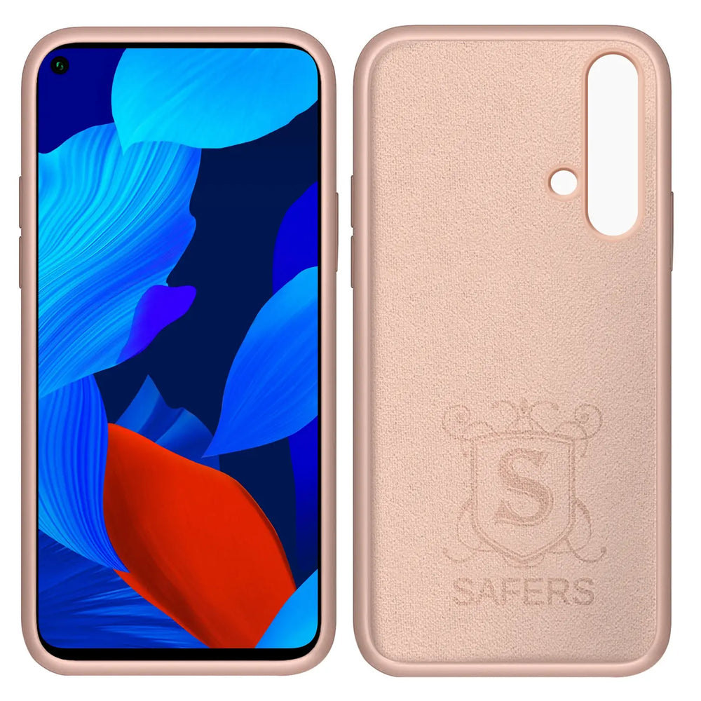 Huawei Nova 5T mit roségoldener Silikonhülle, Mikrofaser innen, Vorder- und Rückansicht.