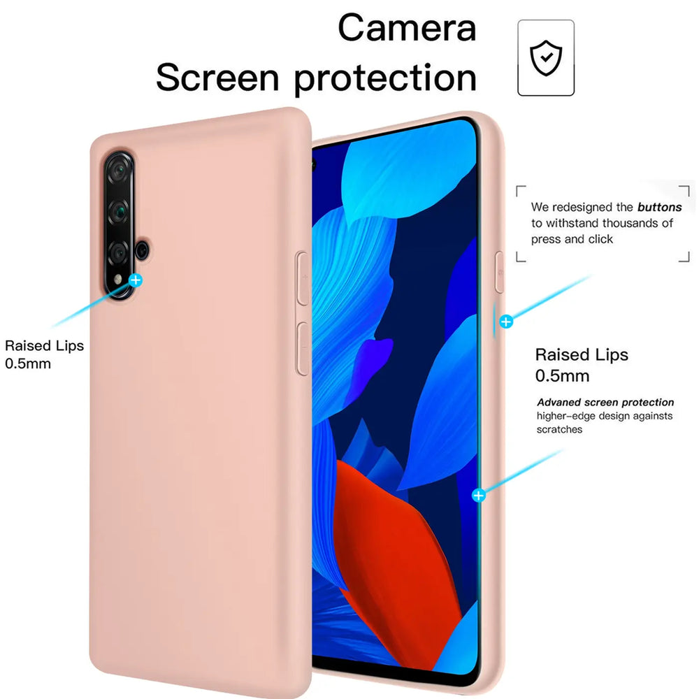 Rosa Silikonhülle für Huawei Nova 5T, von vorne/seitlich, mit Kamera.