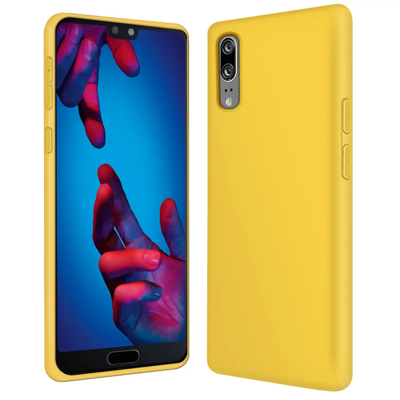 Gelbe Silikonhülle, Rückansicht und Vorderansicht, für Huawei P20.