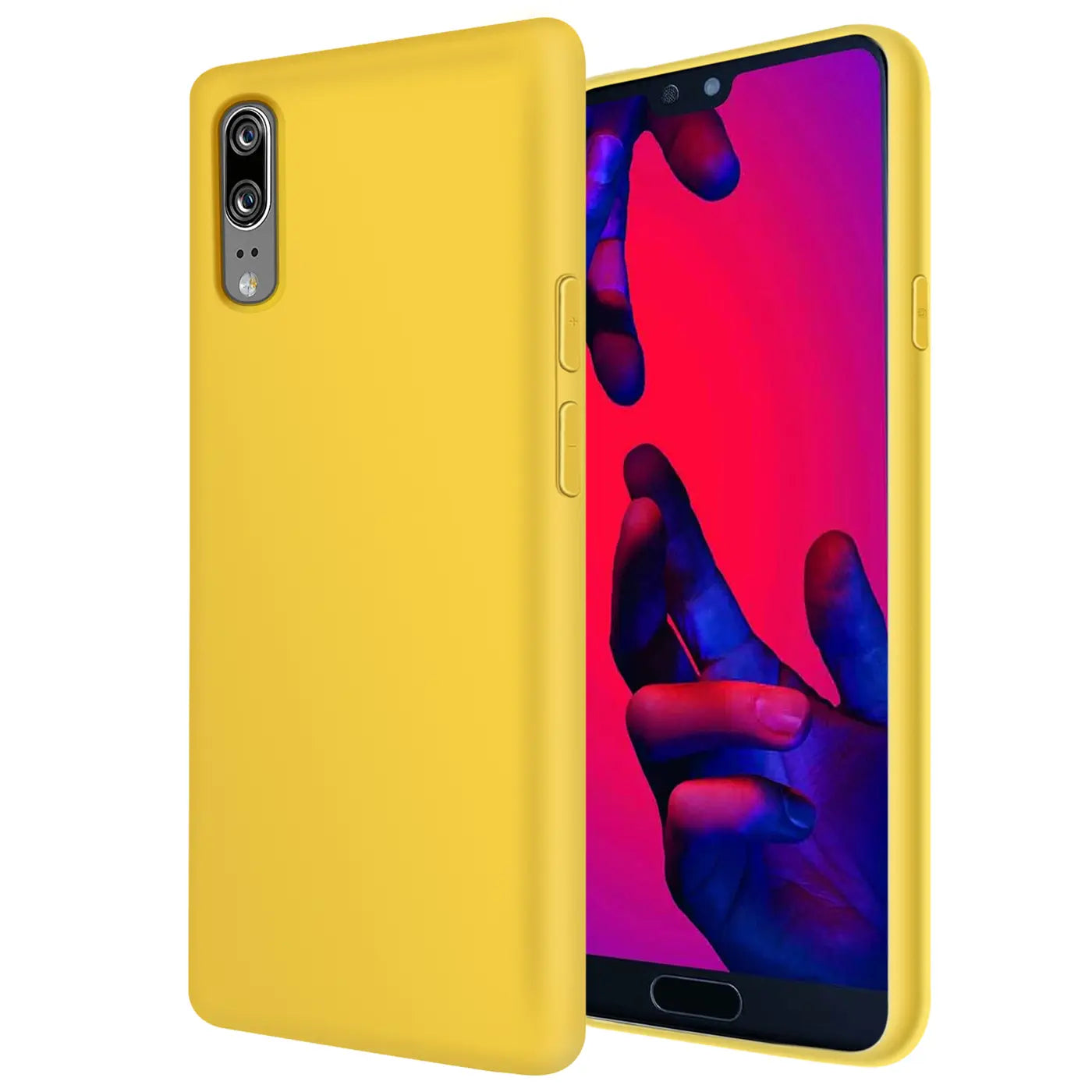 Gelbe Silikonhülle für Huawei P20, von vorne links, mit Mikrofaser-Innenfutter.