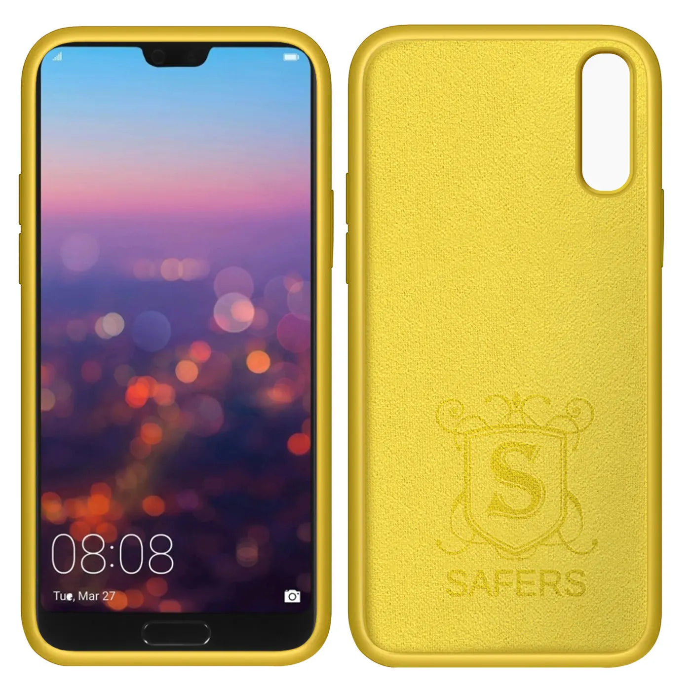 Gelbe Silikonhülle, Vorder- und Rückansicht, Huawei P20 mit Mikrofaser-Innenfutter.