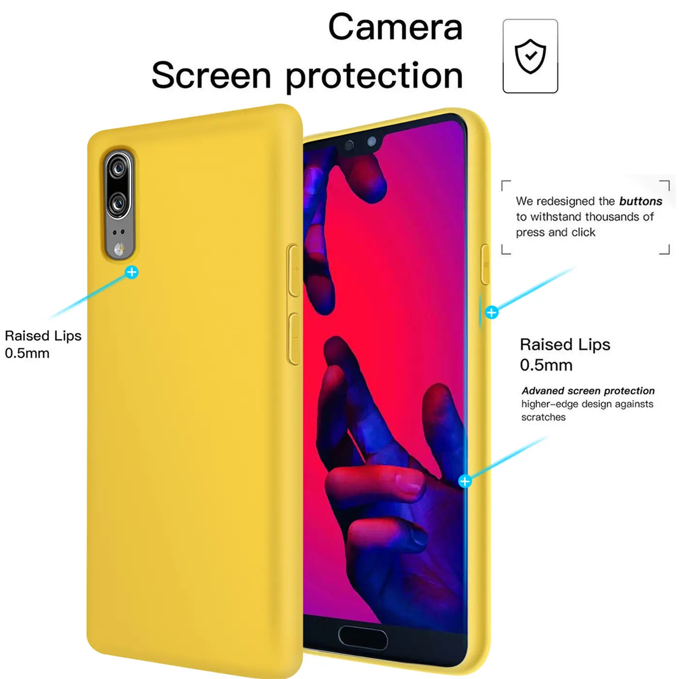 Gelbe Silikonhülle für Huawei P20, von vorne/seitlich, mit Display.