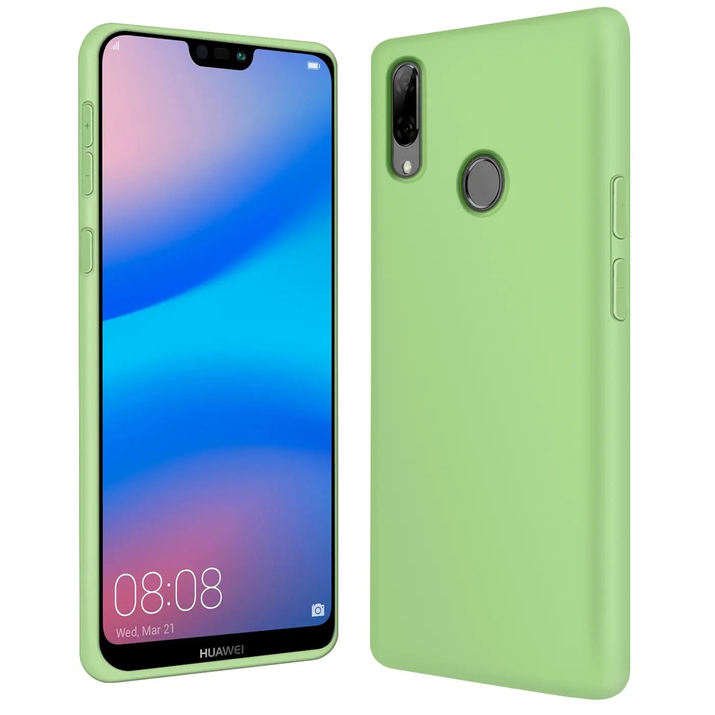 Helle grüne Silikonhülle für Huawei P20 Lite, Vorder- und Rückansicht.