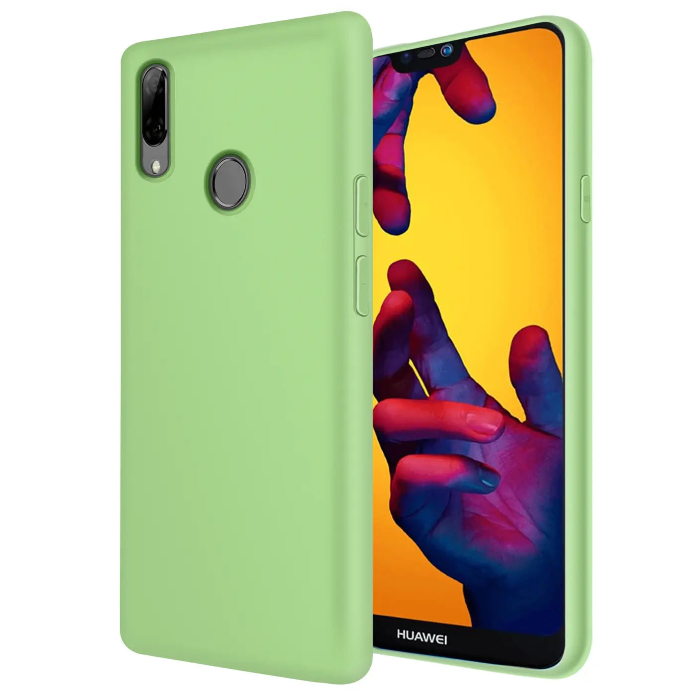 Grüne Silikonhülle für Huawei P20 Lite, Rückansicht und Vorderansicht mit Display.