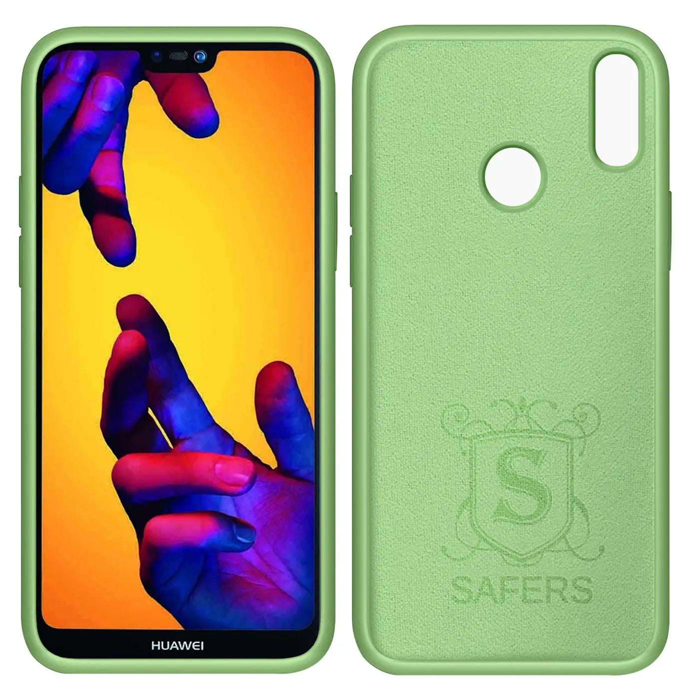 Grüne Silikonhülle für Huawei P20 Lite, Vorder- und Rückseite gezeigt, Mikrofaser-Innenfutter.