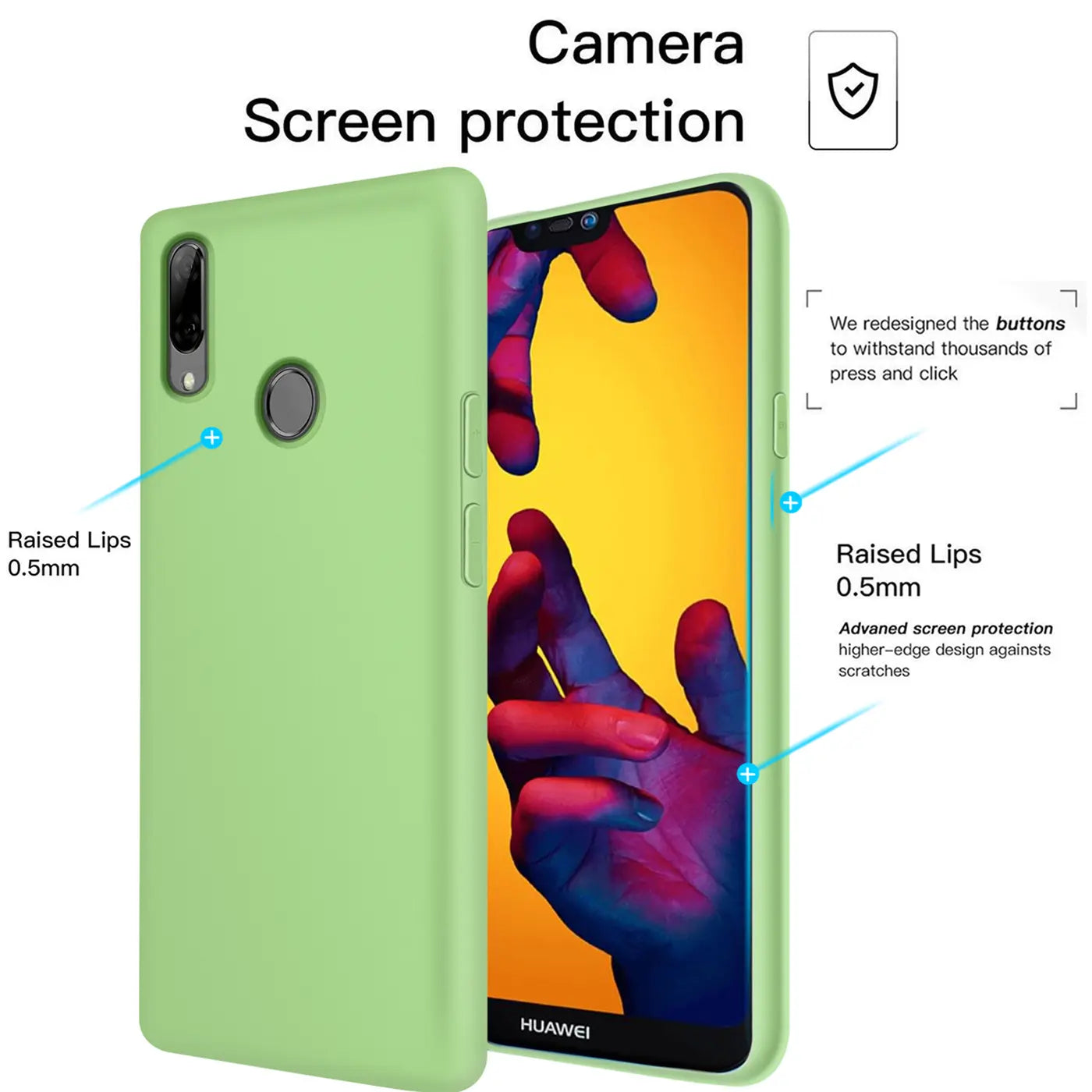 Hellgrüne Silikonhülle für Huawei P20 Lite, von vorne links, mit freiliegendem Bildschirm.