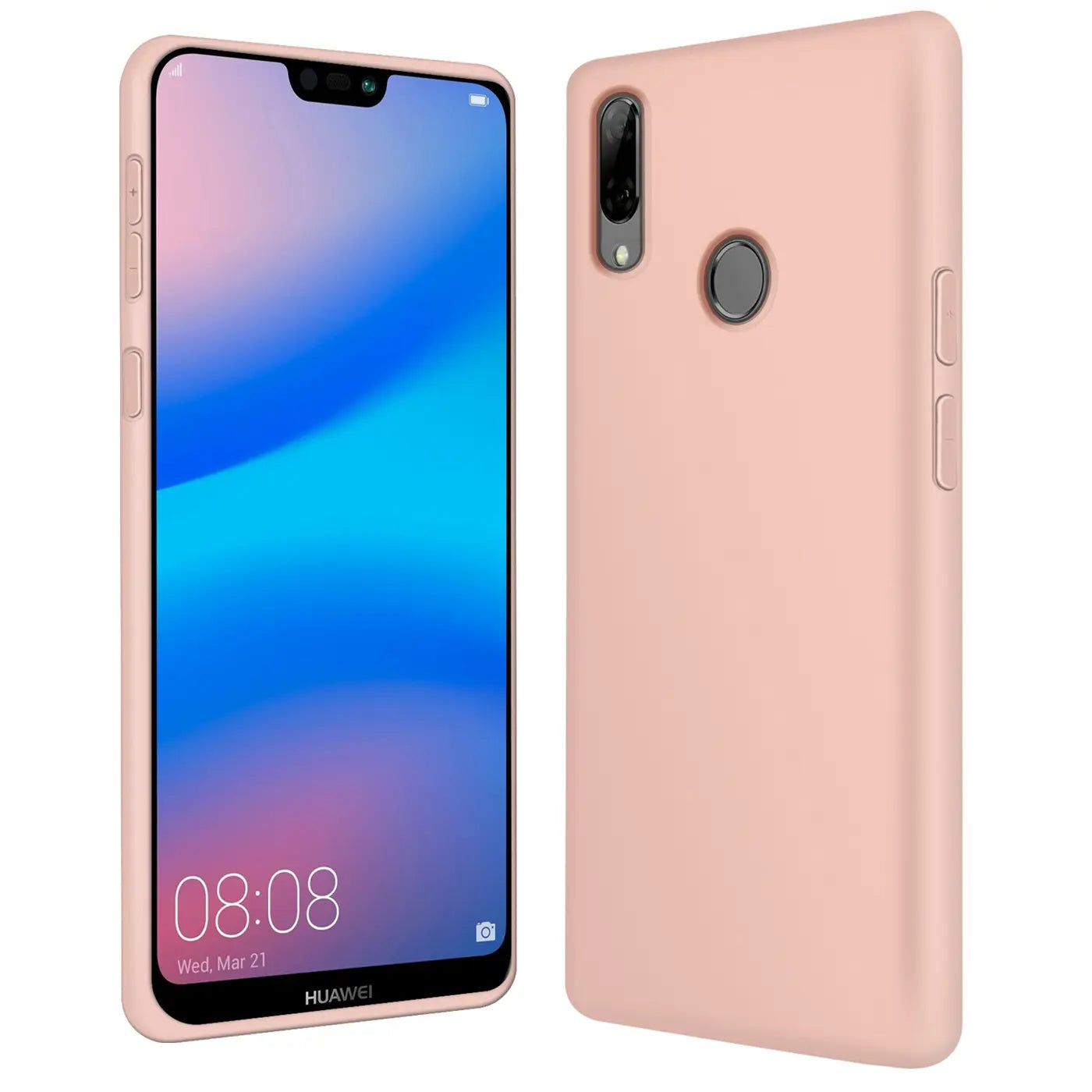 Rosa Silikonhülle für Huawei P20 Lite, Rückansicht & Vorderansicht