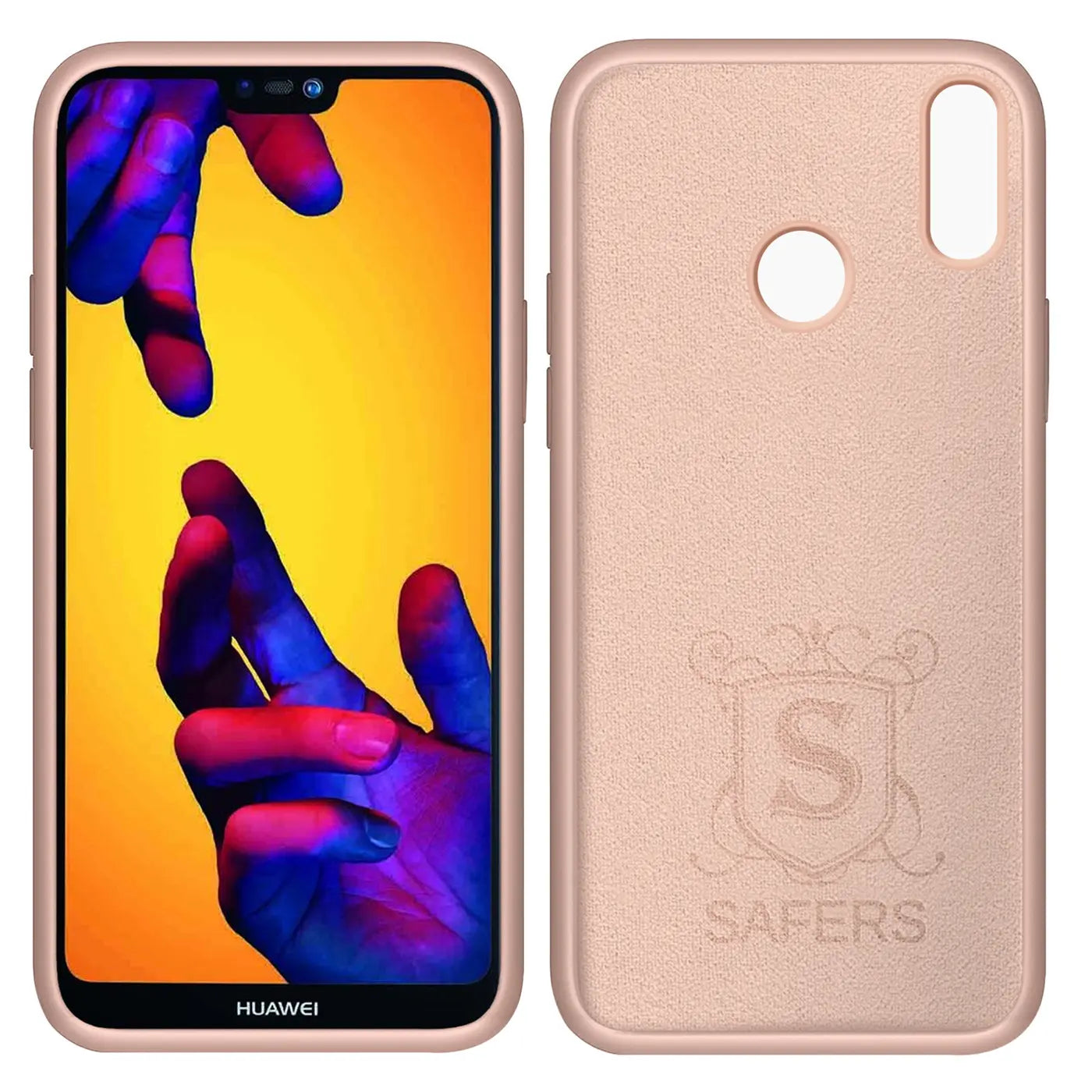 Huawei P20 Lite mit roségoldener Silikonhülle, Vorder- und Rückansicht.