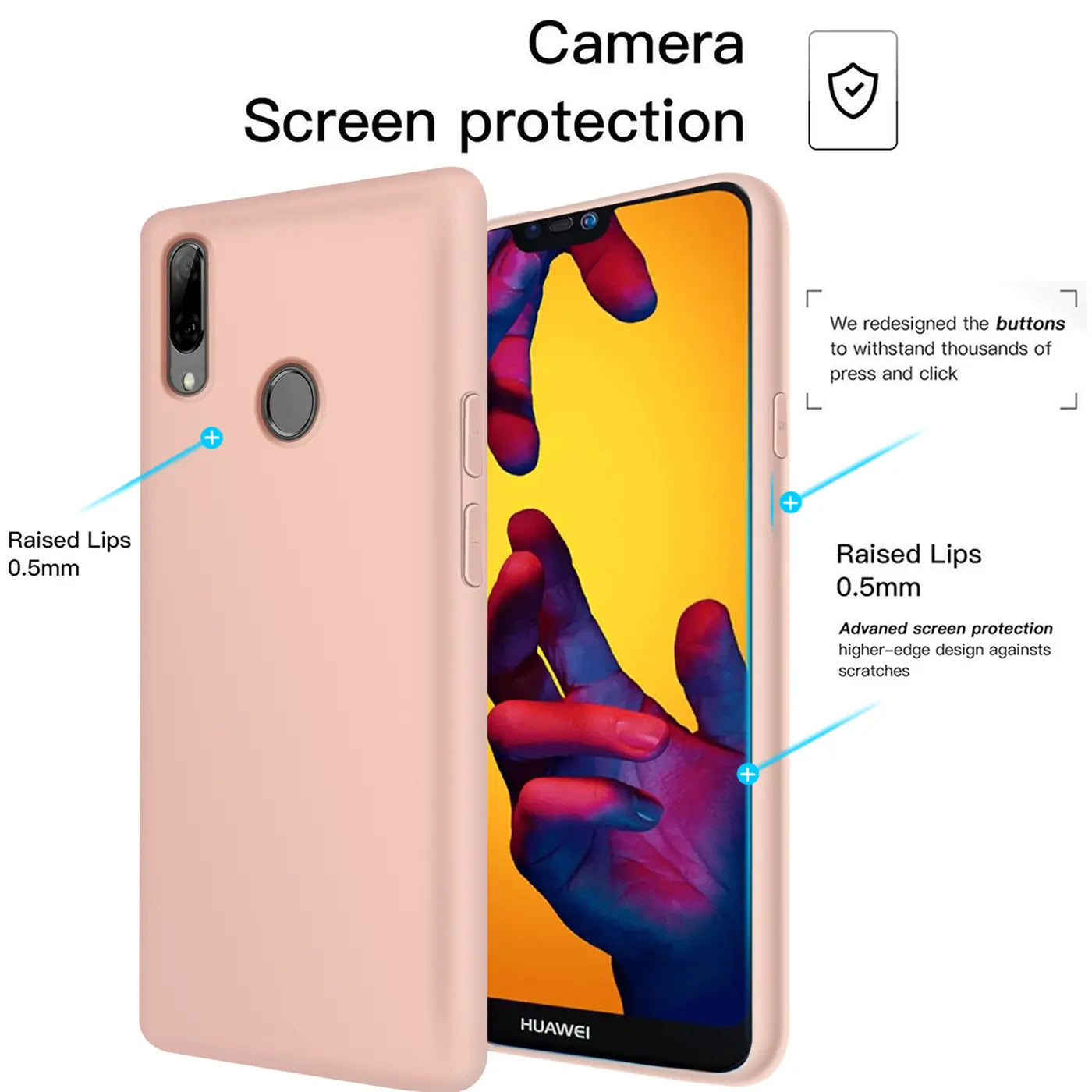 Rosa Silikonhülle für Huawei P20 Lite, von vorne links, mit Displayansicht.