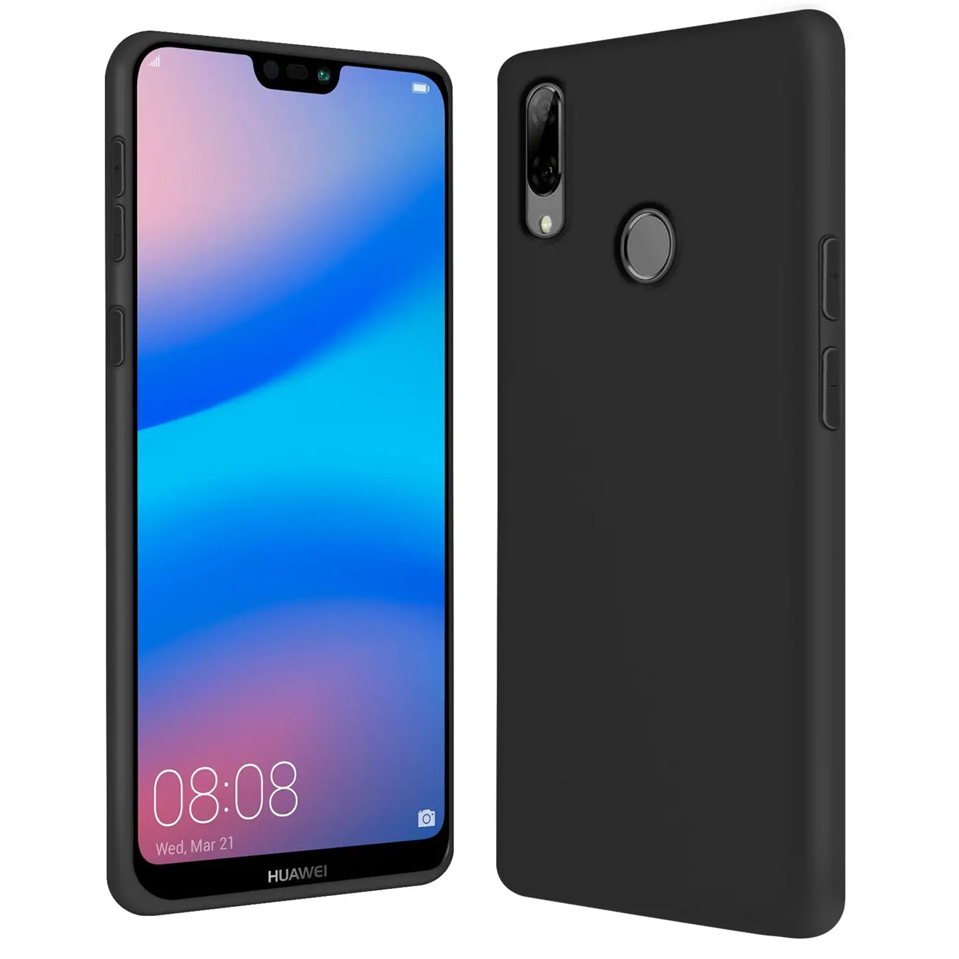 Huawei P20 Lite mit schwarzer Silikonhülle, Vorder- und Rückansicht.