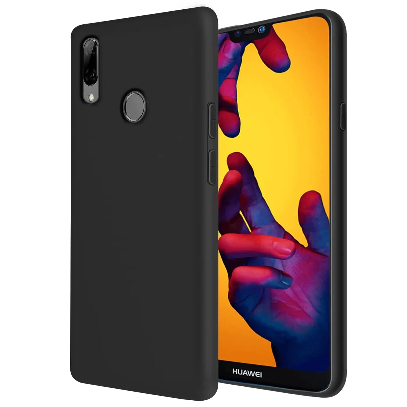 Schwarze Silikonhülle für Huawei P20 Lite, von vorne links, mit Mikrofaser-Innenfutter.