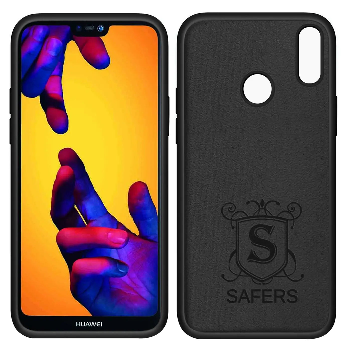 Schwarze Silikonhülle für Huawei P20 Lite, Rückseite mit Logo, Vorderseite mit Display.