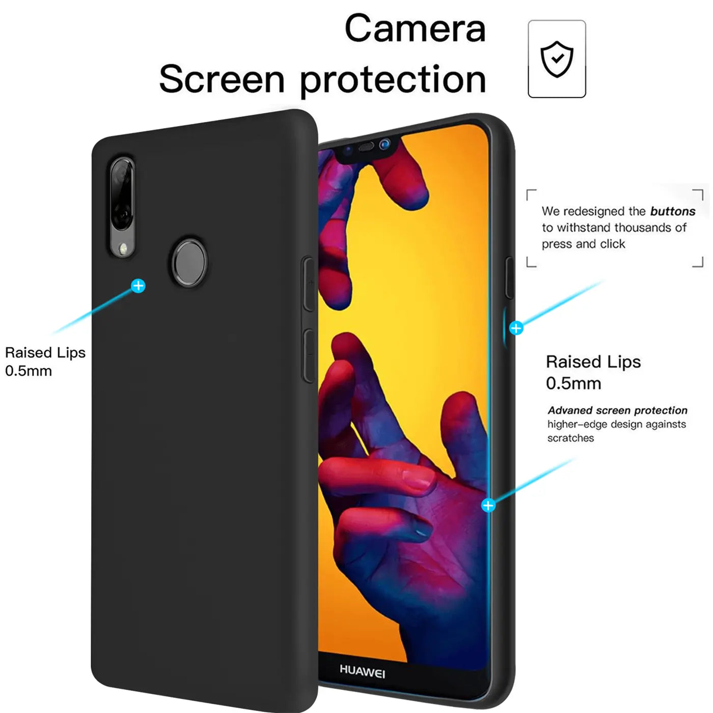 Schwarze Silikonhülle mit Mikrofaser-Innenfutter für Huawei P20 Lite, Seitenansicht.
