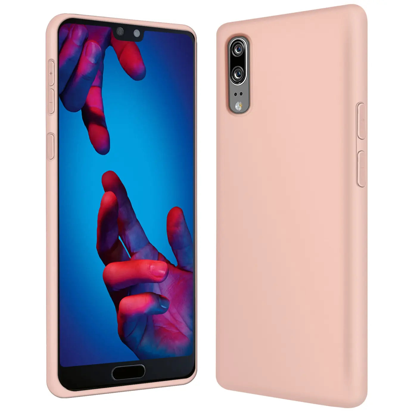 Rosa Silikonhülle für Huawei P20, von vorne und von der Seite gezeigt.