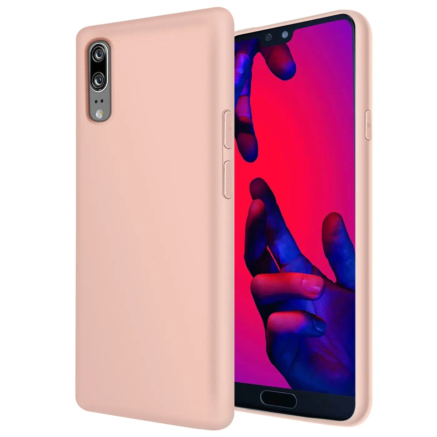 Rosa Silikonhülle für Huawei P20, von schräg vorne, Mikrofaser-Innenfutter.