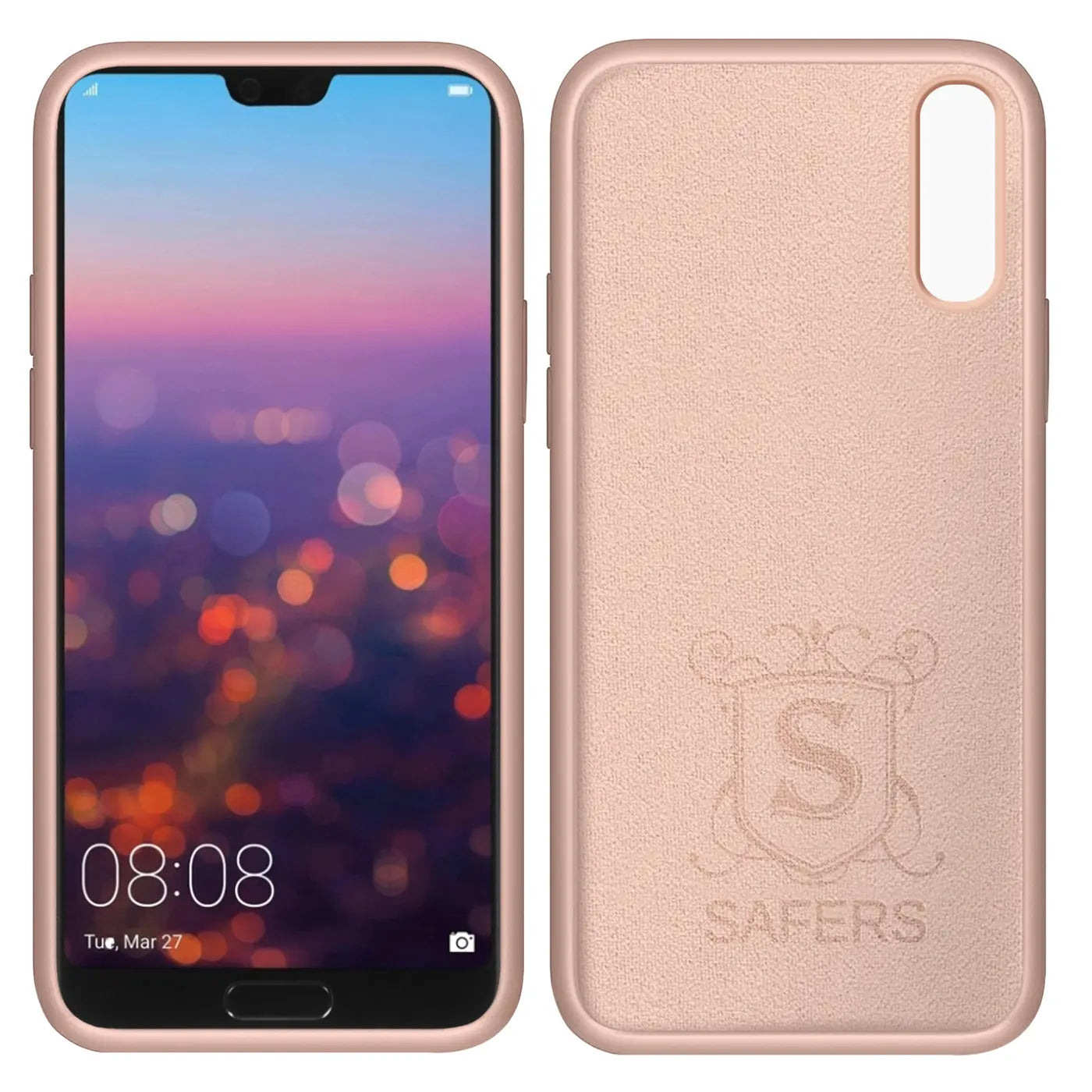 Huawei P20 mit roségoldener Silikonhülle, Vorder- und Rückansicht, Mikrofaser-Innenfutter.