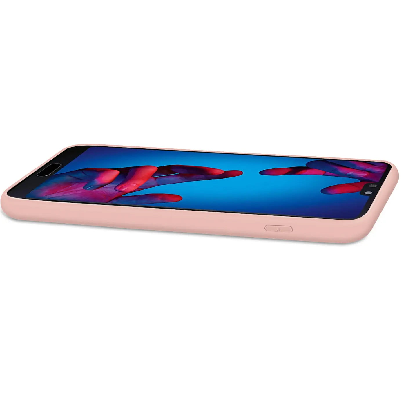 Rosa Silikonhülle für Huawei P20, von der Seite gesehen, mit Mikrofaser-Innenfutter.