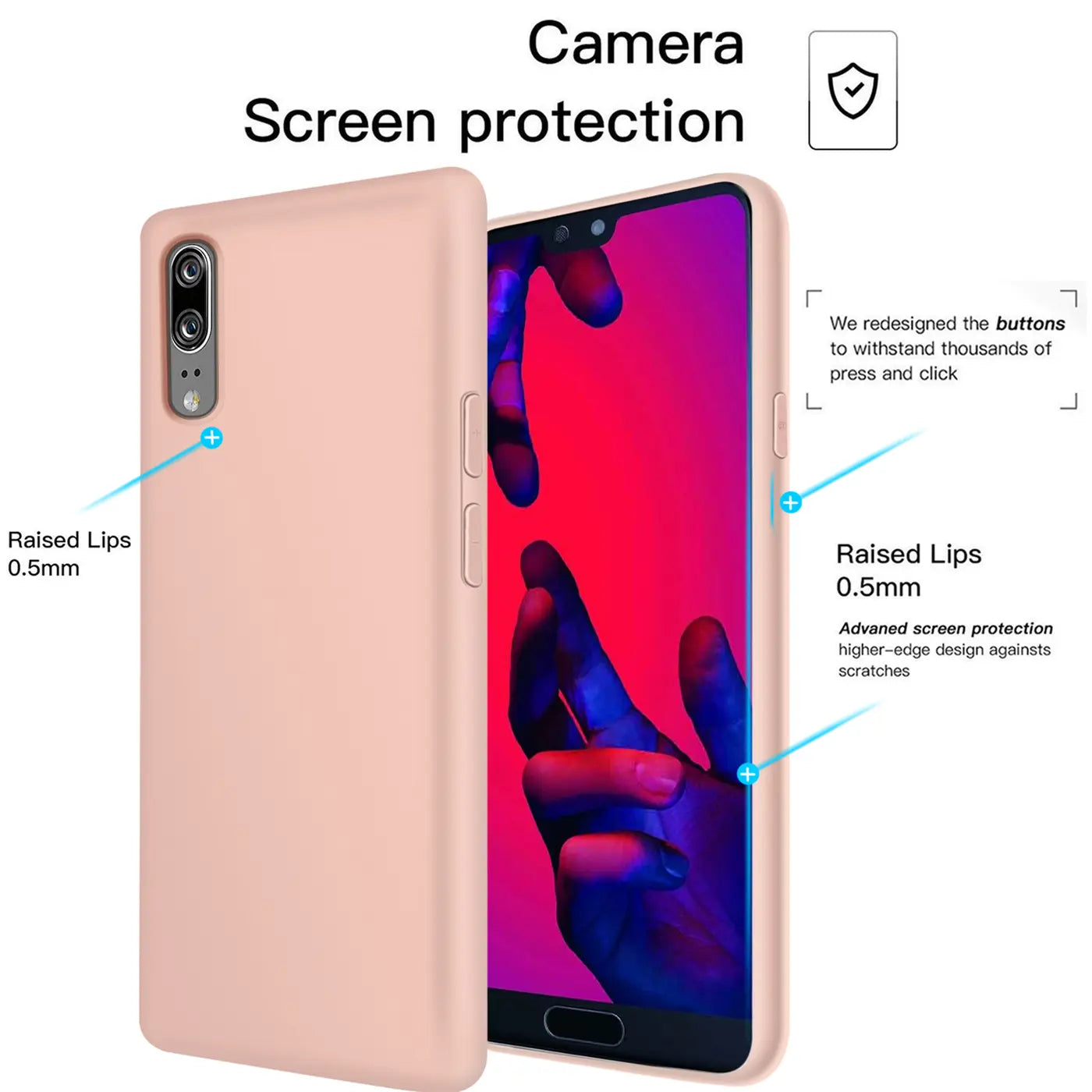 Rosa Silikonhülle für Huawei P20, Seitenansicht mit Display.