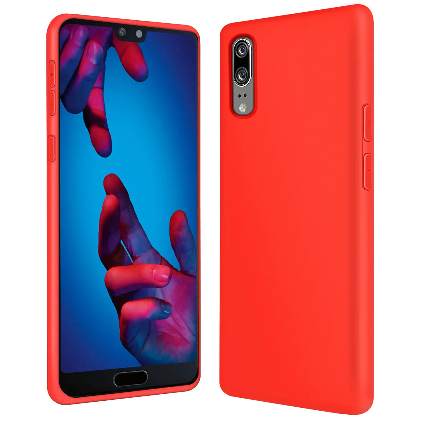 Rote Silikonhülle für Huawei P20, von vorne und von hinten gezeigt, mit Mikrofaser-Innenfutter.