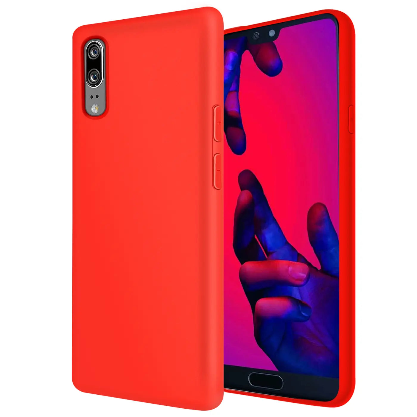 Rote Silikonhülle für Huawei P20, von vorne links, mit Mikrofaser-Innenfutter.