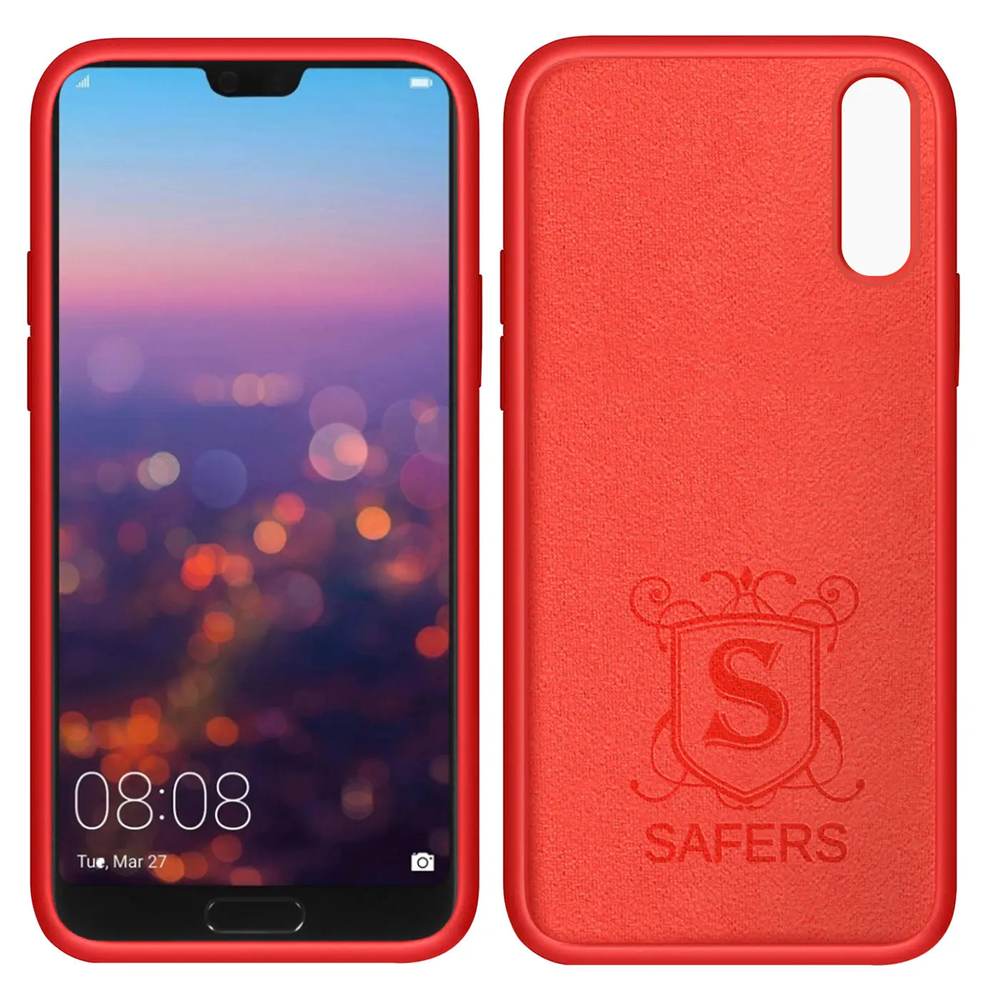 Rote Silikonhülle mit Mikrofaser-Innenfutter für Huawei P20, Vorder- und Rückansicht.