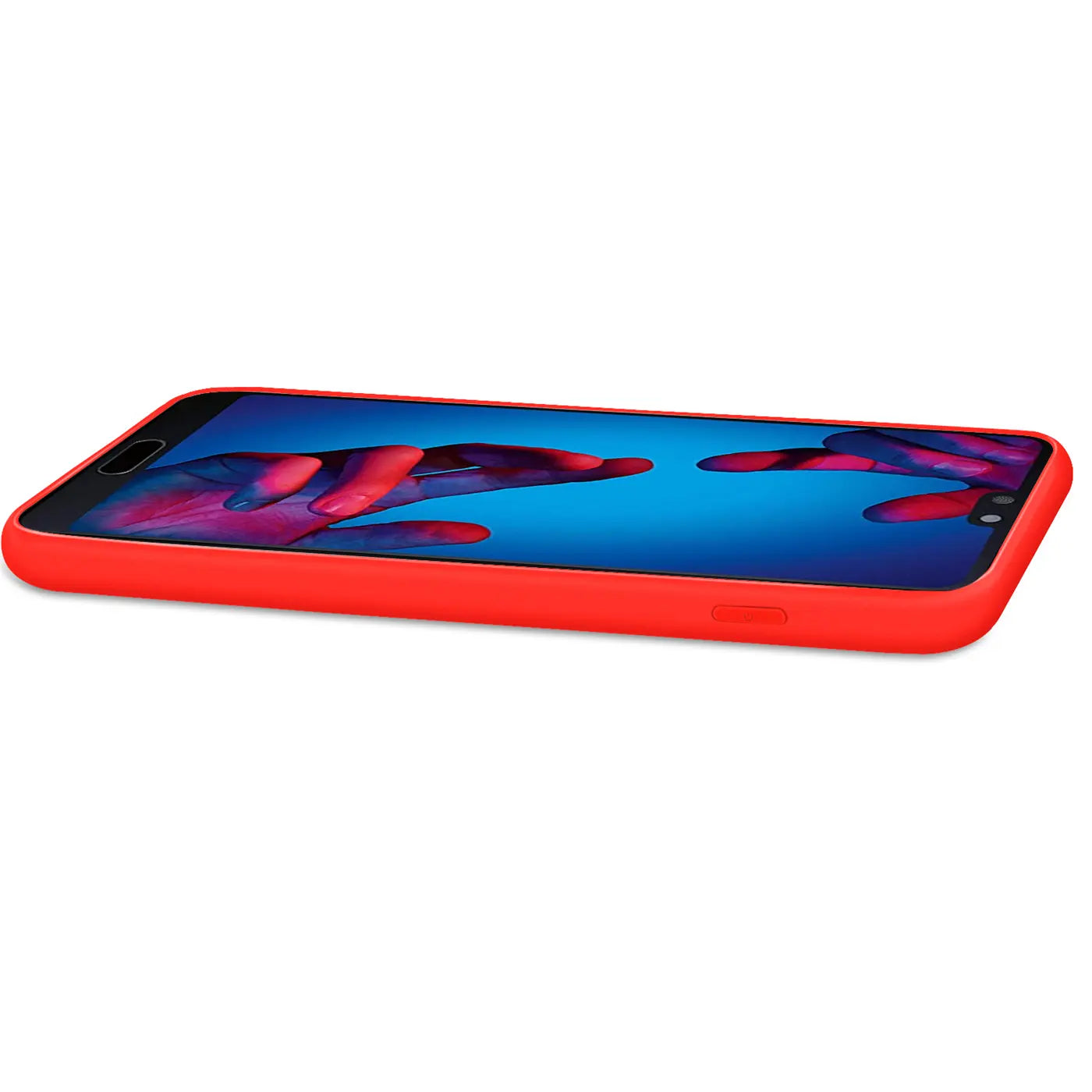 Rote Silikonhülle für Huawei P20, von der Seite, mit Mikrofaser-Innenfutter.