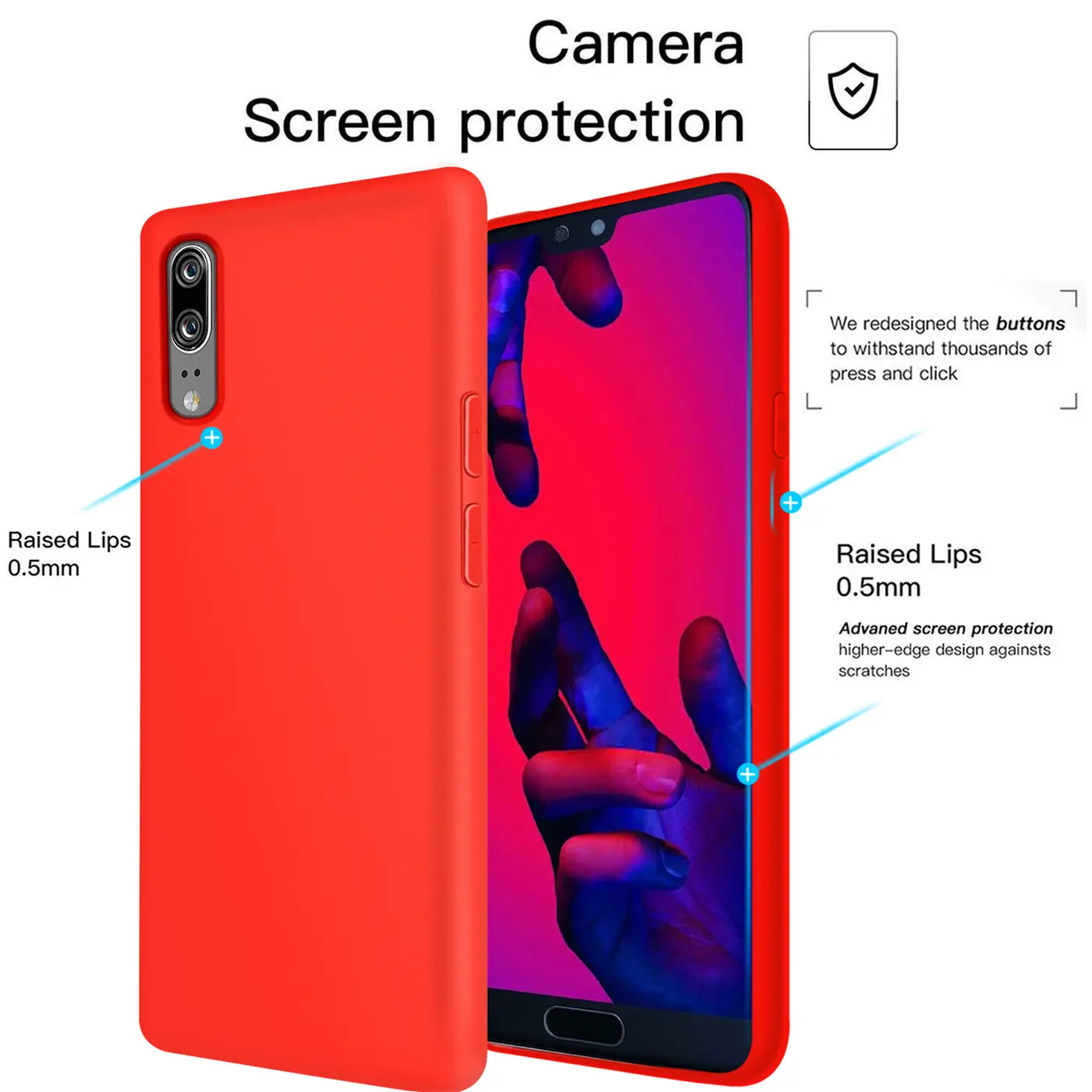 Rote Silikonhülle für Huawei P20, von vorne und Seite gezeigt, mit Display.