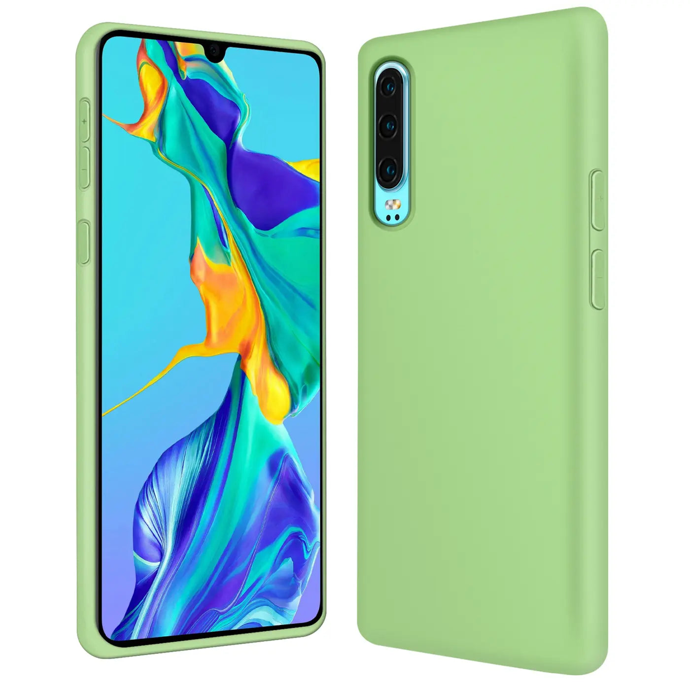 Hellgrüne Silikonhülle für Huawei P30, von vorne und von der Seite gezeigt.