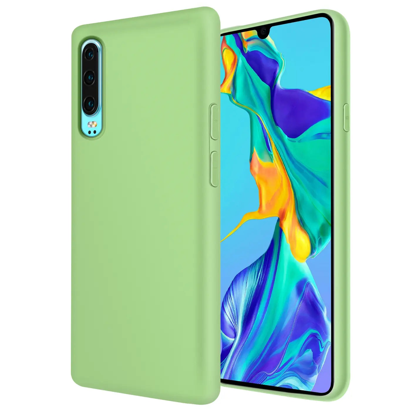Helle grüne Silikonhülle für Huawei P30, von vorne links, mit Mikrofaser-Innenfutter.