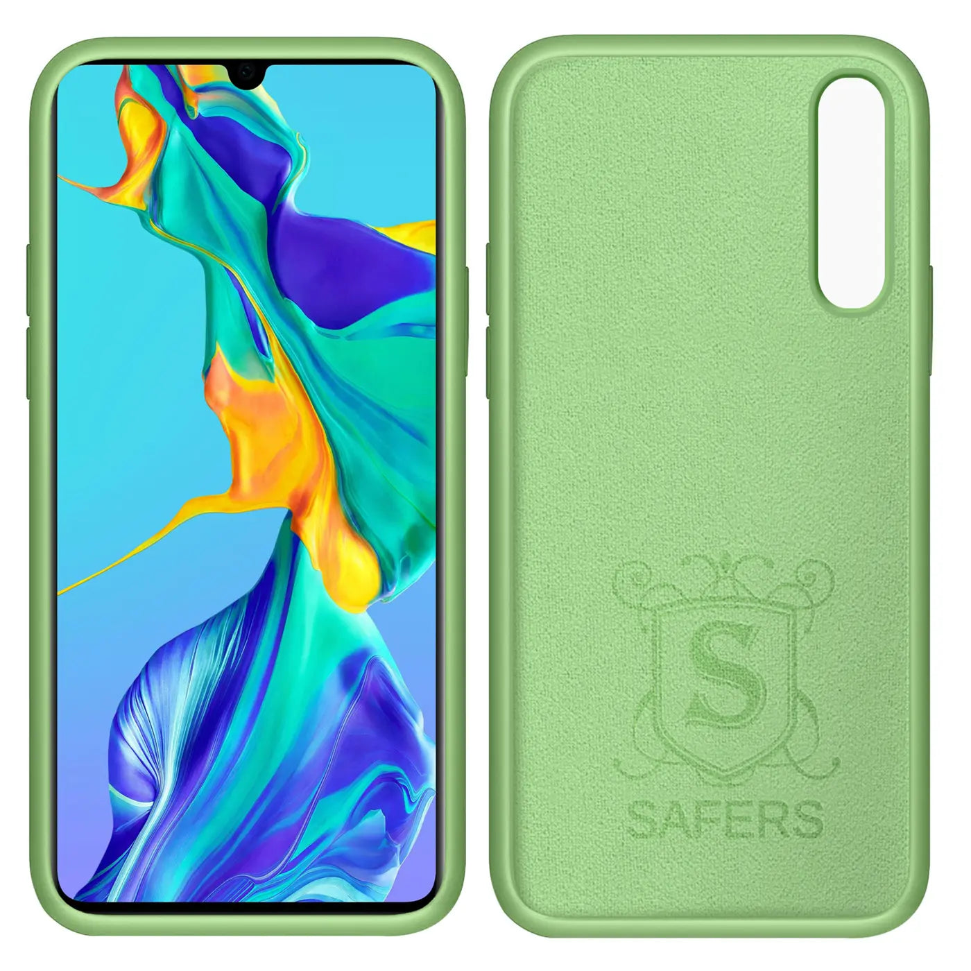Grüne Silikonhülle für Huawei P30, Vorder- und Rückansicht, Mikrofaser-Innenfutter.