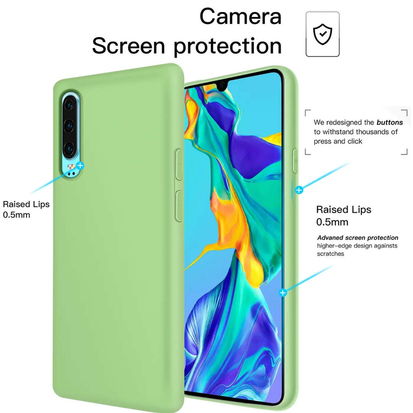 Helle grüne Silikonhülle für Huawei P30, von vorne links, mit Display.