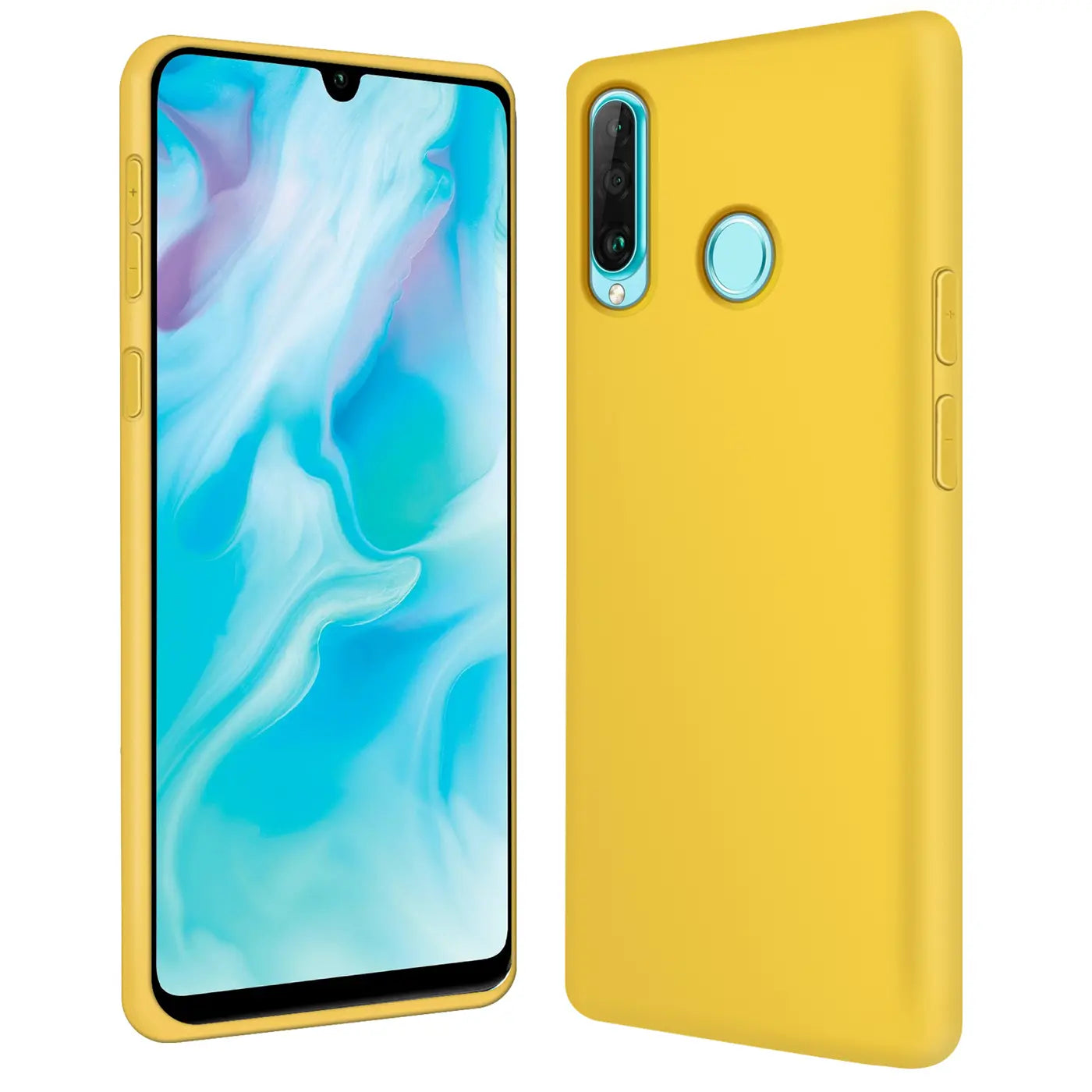 Gelbe Silikonhülle für Huawei P30 Lite, Rückseite und Vorderseite, von schräg oben