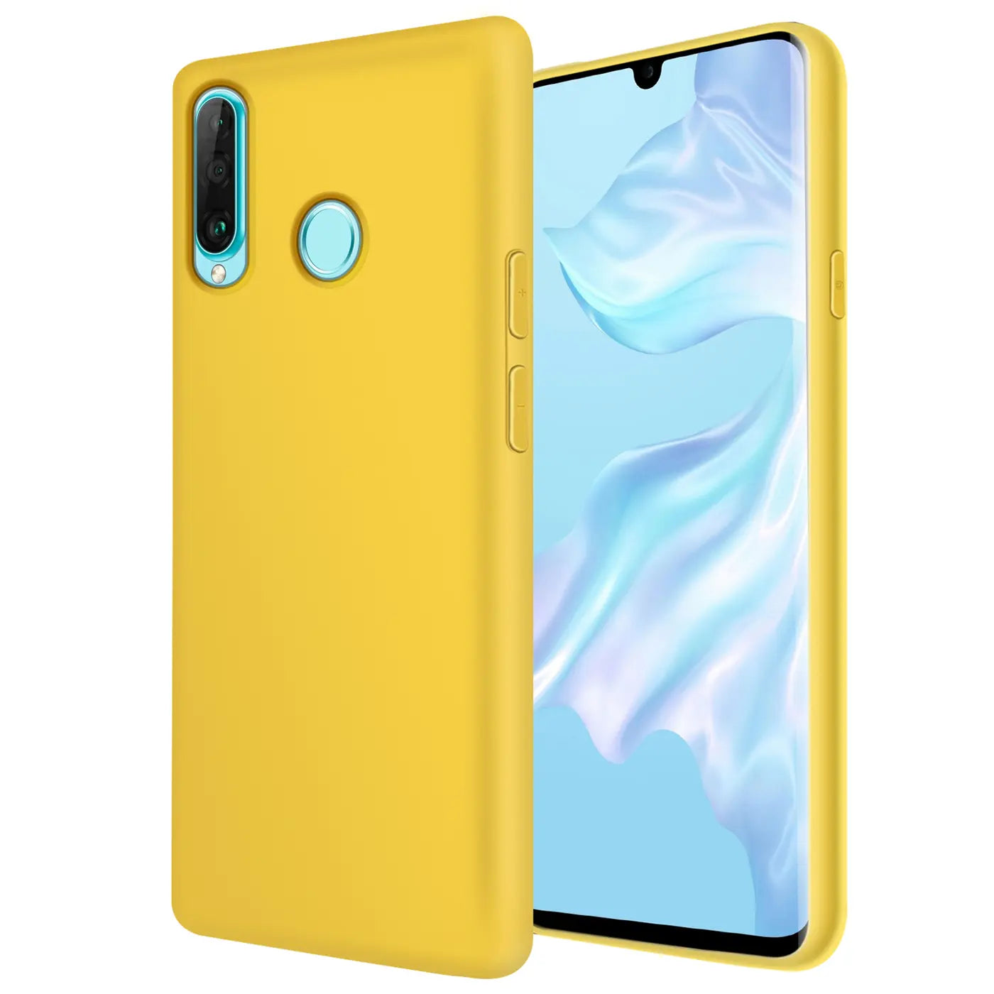 Gelbe Silikonhülle mit Mikrofaser-Innenfutter für Huawei P30 Lite, von vorne/leicht schräg