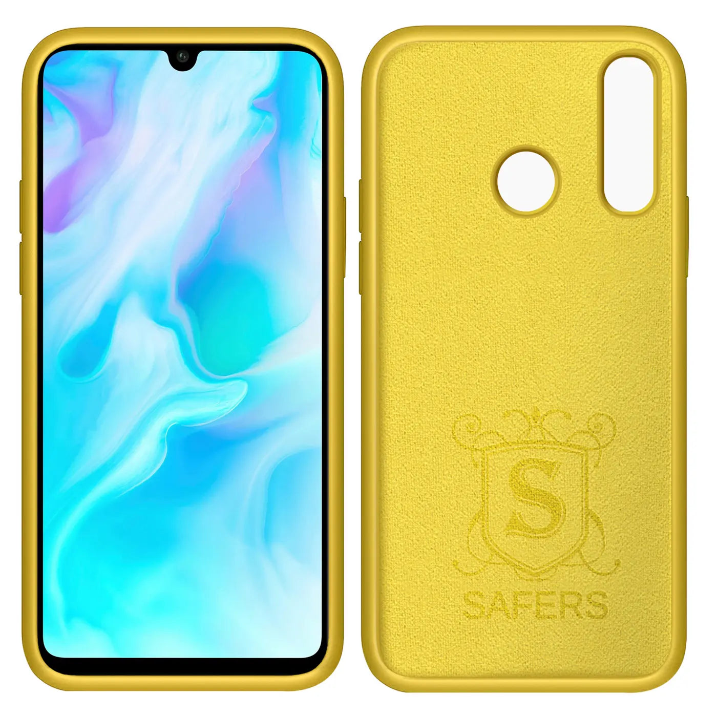 Gelbe Silikonhülle mit Mikrofaser-Innenfutter für Huawei P30 Lite, Rückseite mit Logo.