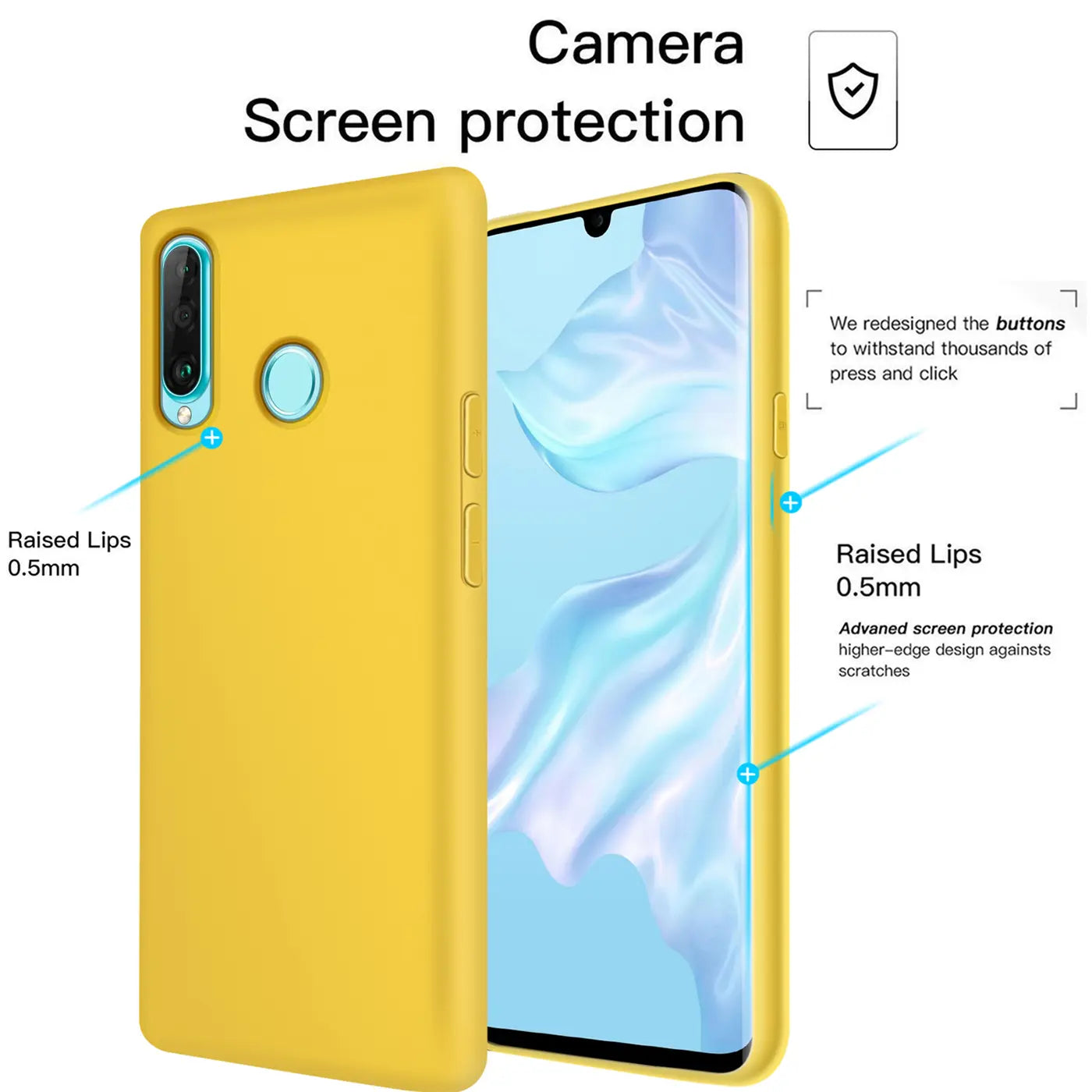 Gelbe Silikonhülle mit Mikrofaser-Innenfutter, seitliche Ansicht, zeigt Huawei P30 Lite.