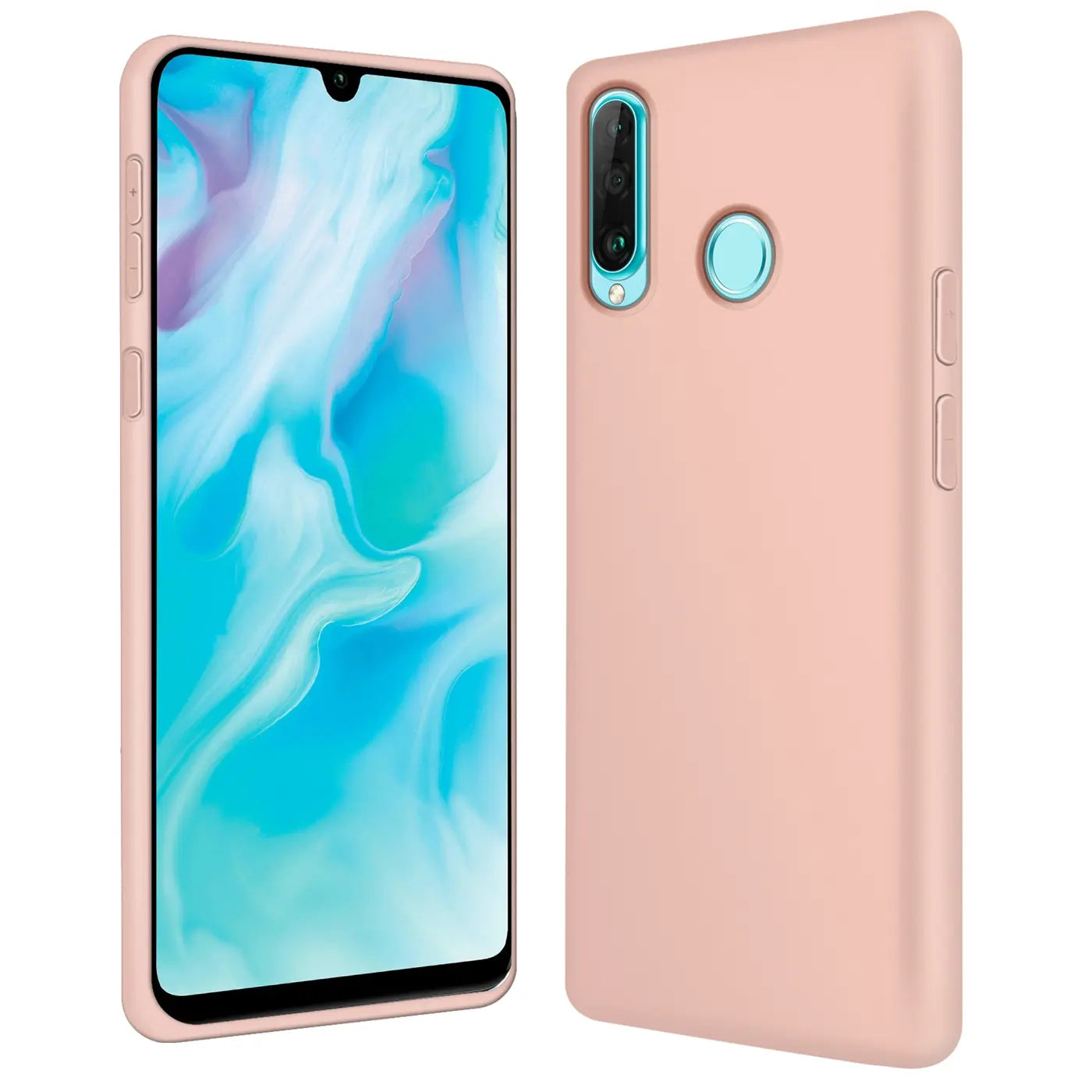 Rosa Silikonhülle für Huawei P30 Lite, Rückansicht und Vorderansicht