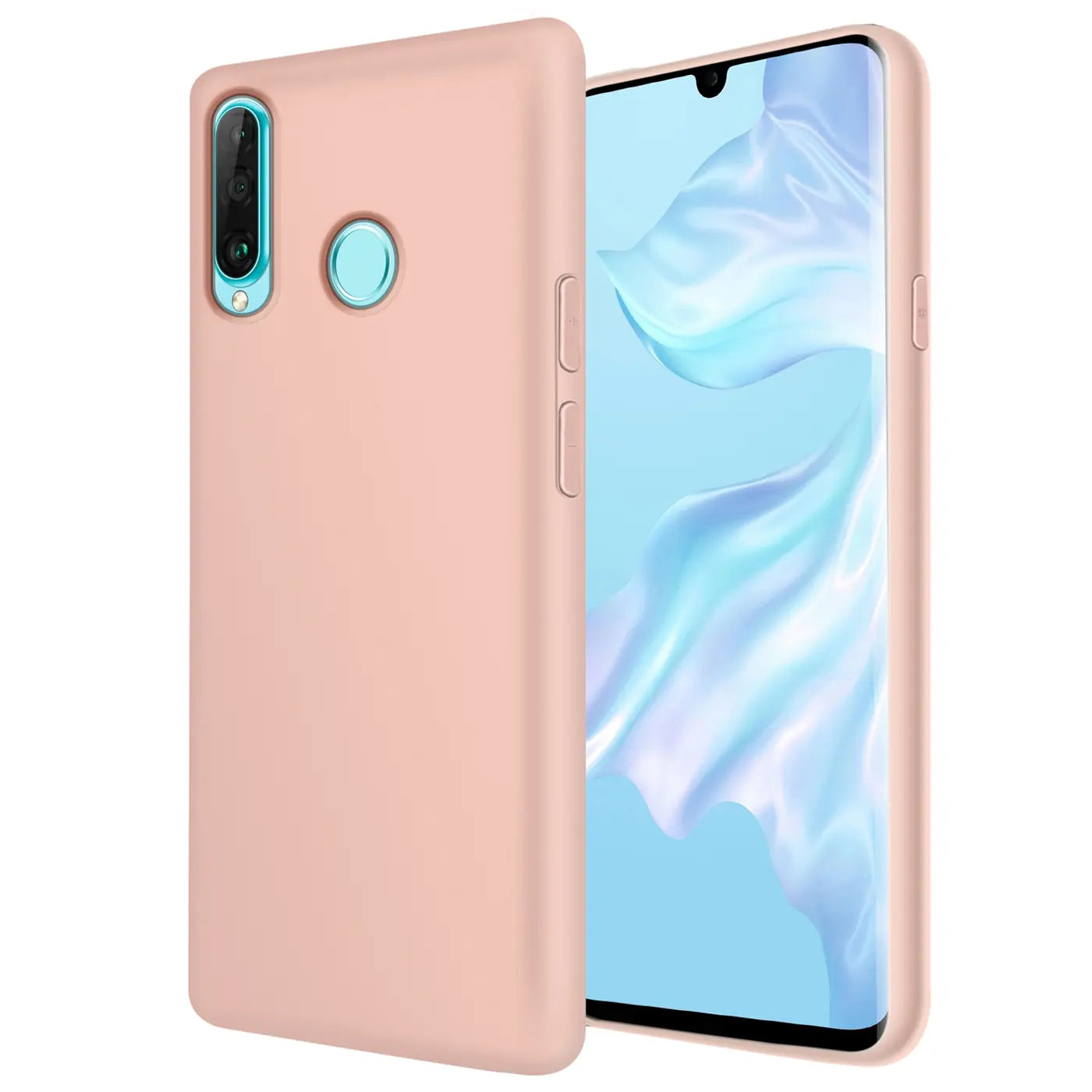 Rosa Silikonhülle mit Mikrofaser-Innenfutter für Huawei P30 Lite, von vorne schräg fotografiert.