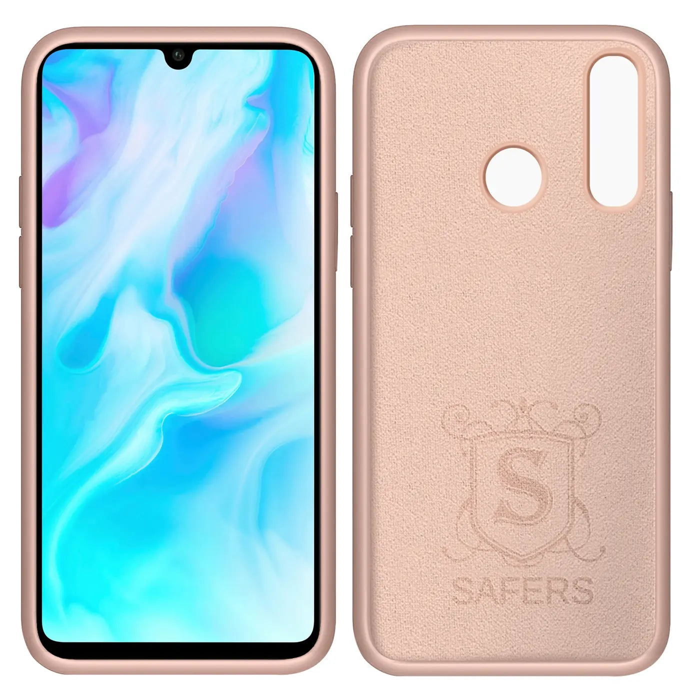 Rosafarbene Silikonhülle mit Mikrofaser, Vorder- und Rückansicht Huawei P30 Lite.