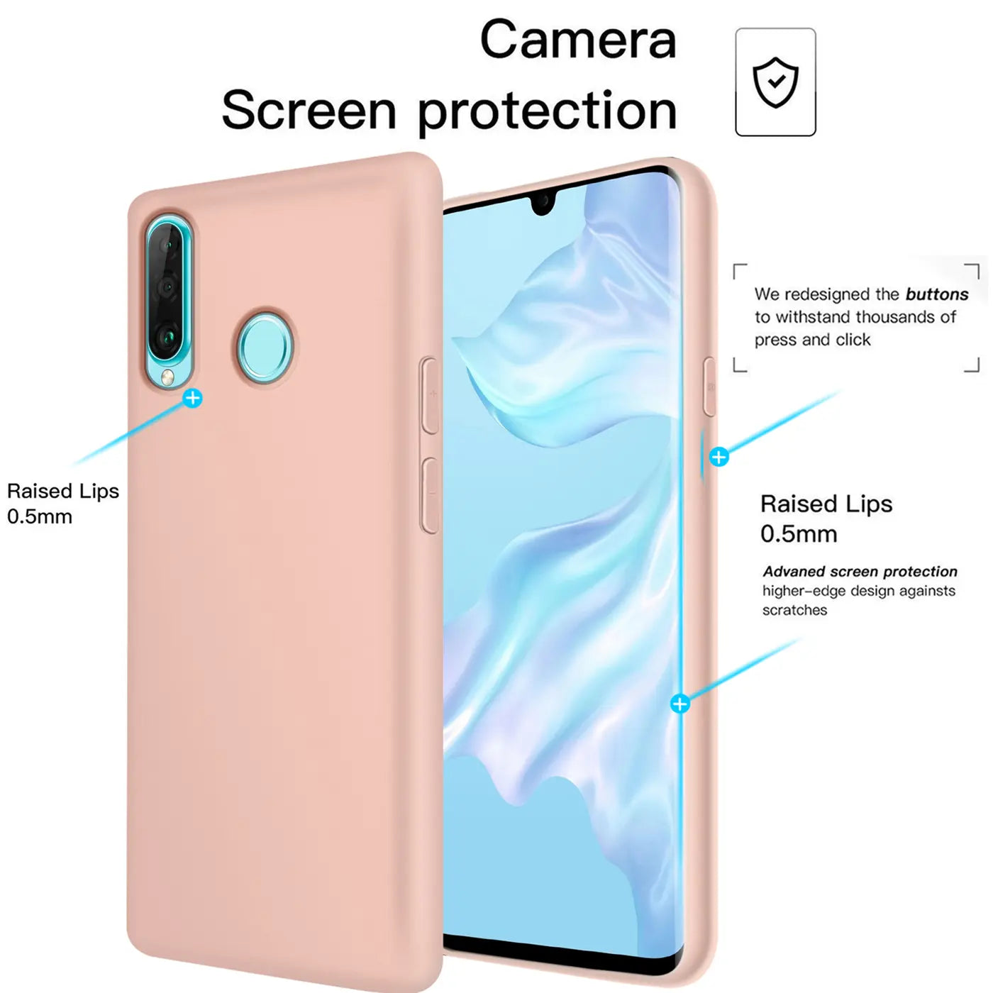 Rosa Silikonhülle für Huawei P30 Lite, von vorne/seitlich gezeigt, mit sichtbarem Bildschirm.