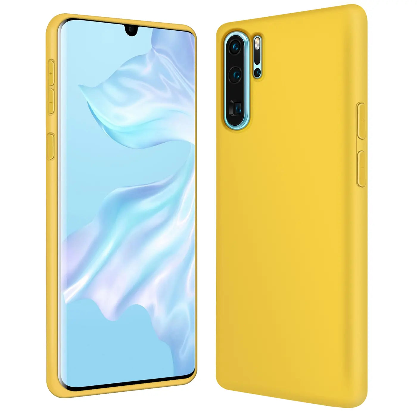 Gelbe Silikonhülle für Huawei P30 Pro, Vorder- und Rückansicht