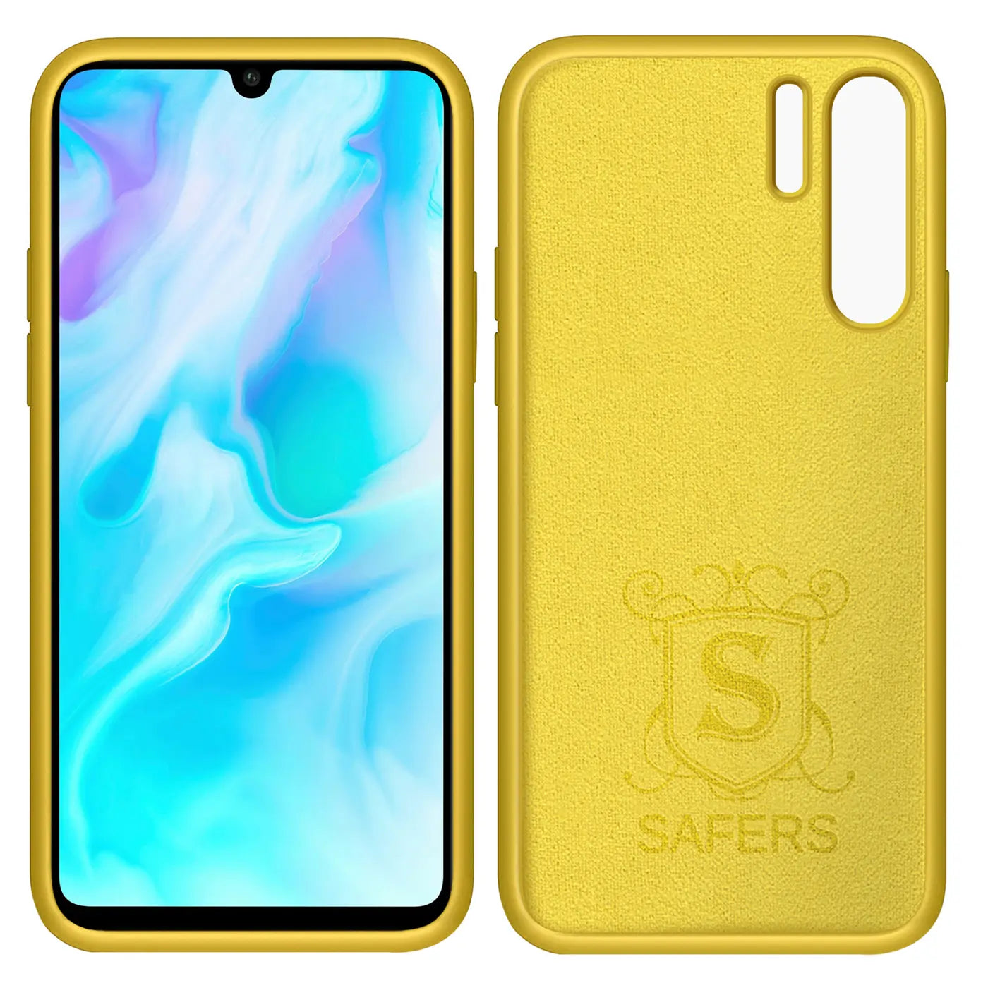 Gelbe Silikonhülle für Huawei P30 Pro, Vorder- und Rückansicht, Mikrofaser innen.